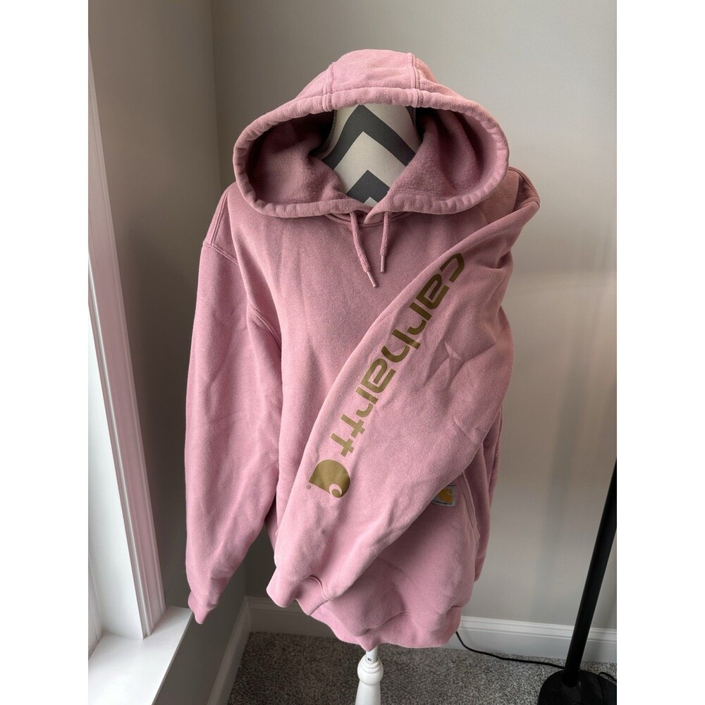 Carhartt Womens Loose Fit Graphic Sleeve Hoodie Pink Gold Logo Size Large